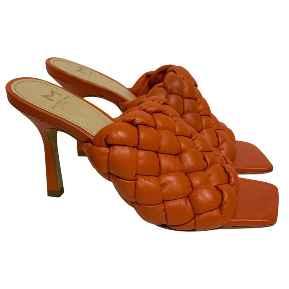 Marc Fisher Dakina Woven Leather Mules Sandal Heels Square Toe Orange Size 7.5